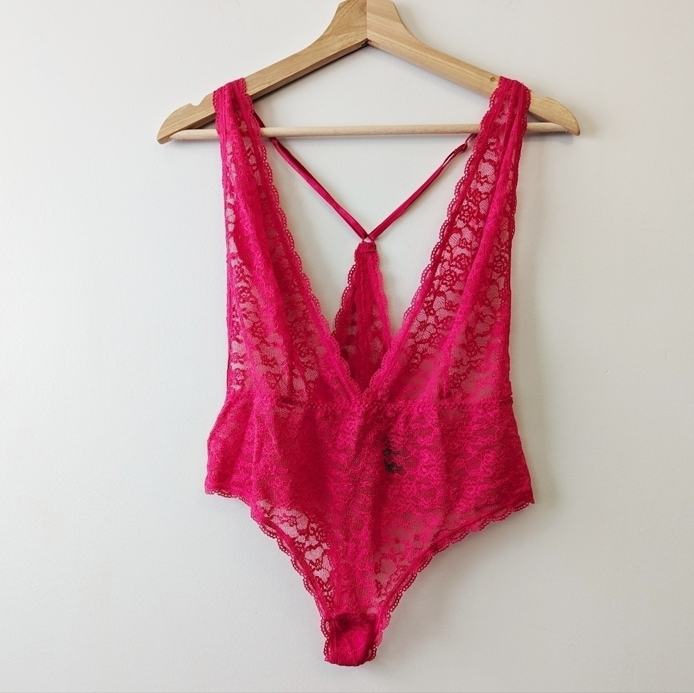 Victoria's Secret Sheer Lace Peek- a- Boo Plunge Thong‎ Bodysuit